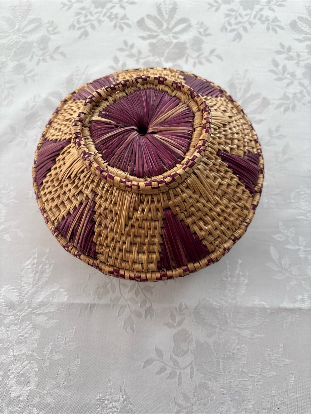 Natural Woven Basket With Purple Accents 7" x 4" With Lid Boho